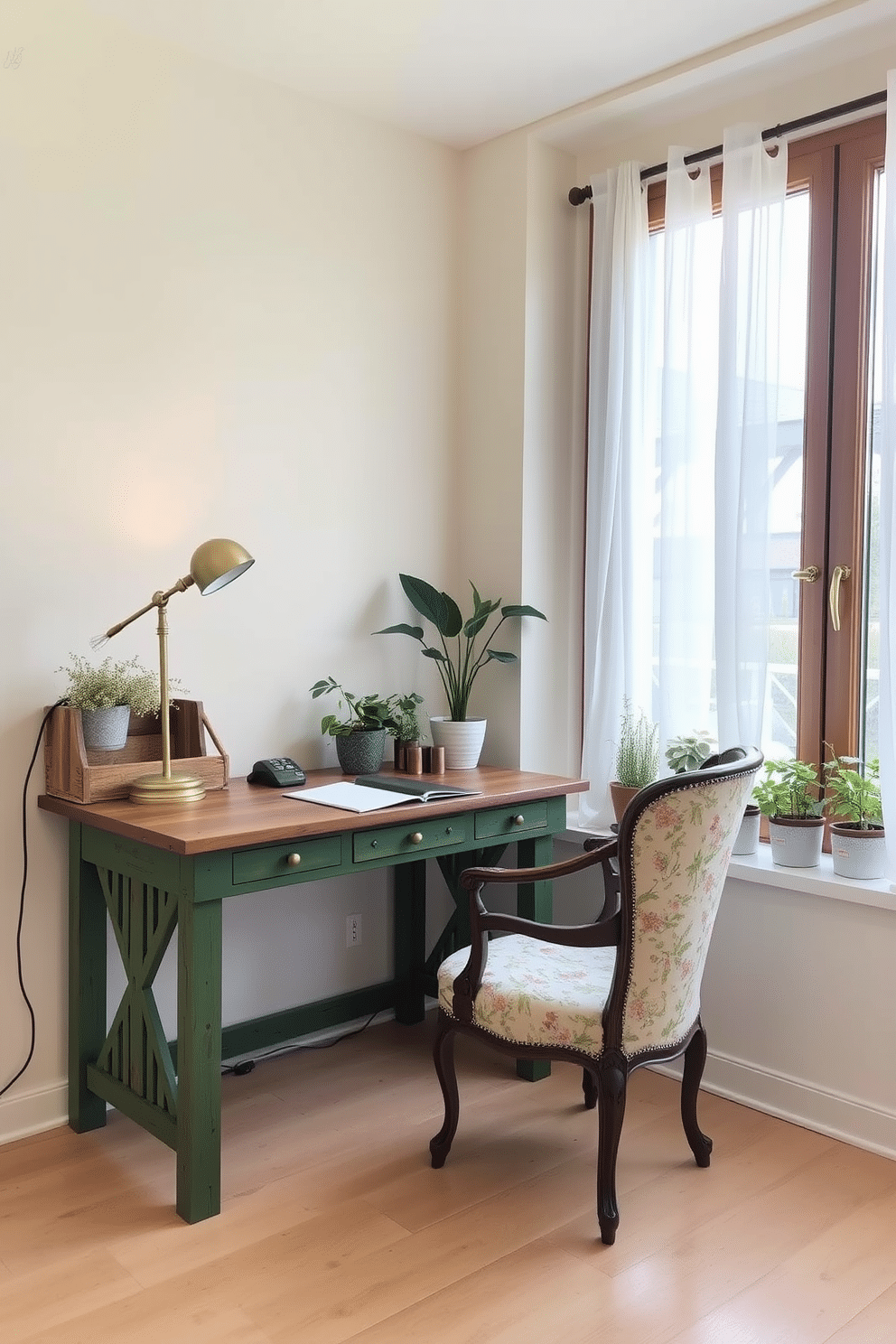 A rustic green desk made of reclaimed wood is positioned against the wall, adorned with a vintage brass lamp that casts a warm glow. A comfortable vintage chair, upholstered in faded floral fabric, complements the desk, inviting creativity and focus in this serene study space. The walls are painted in a soft cream color, enhancing the natural light that filters through a large window adorned with sheer white curtains. A collection of potted plants sits on the windowsill, bringing a touch of nature indoors and creating a refreshing atmosphere.