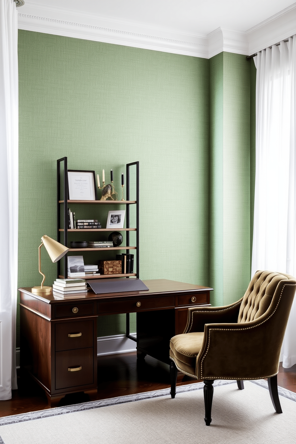 Elegant green wallpaper with subtle textures creates a serene backdrop for a sophisticated study room. A sleek wooden desk with brass accents sits against the wall, complemented by a plush armchair upholstered in a rich velvet fabric. Natural light floods the space through large windows adorned with sheer white curtains. A stylish bookshelf filled with curated decor and books adds character, while a geometric rug anchors the room with a modern touch.