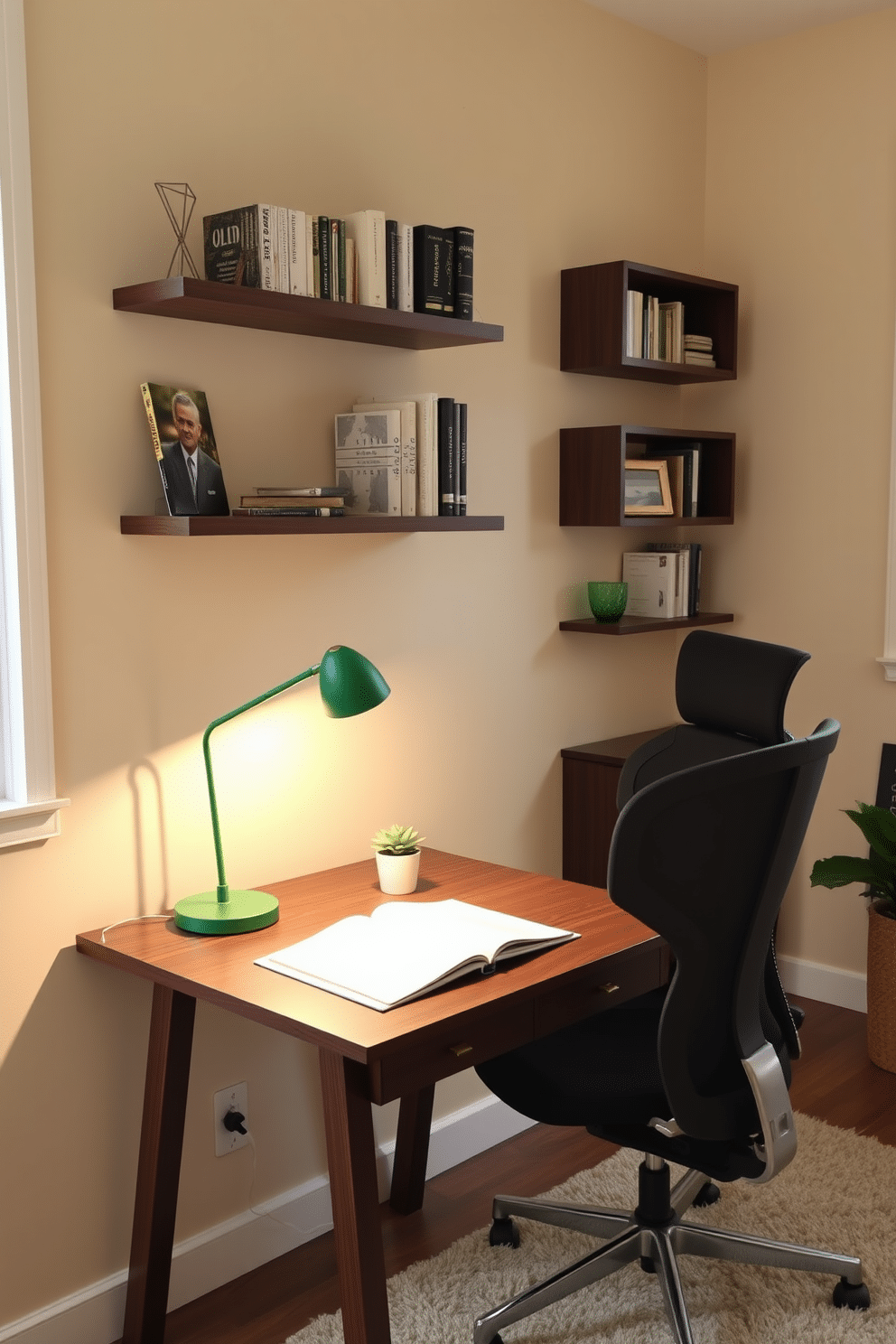 A green table lamp with a sleek design sits on a modern wooden desk, casting a warm glow over an open notebook and a potted succulent. The walls of the study room are painted in a soft beige, creating a calming backdrop for the dark wood furniture and vibrant green accents. The study room features a comfortable ergonomic chair paired with a minimalist desk, arranged to maximize natural light from a nearby window. Shelves filled with books and personal items line the walls, while a plush area rug adds texture and warmth to the space.