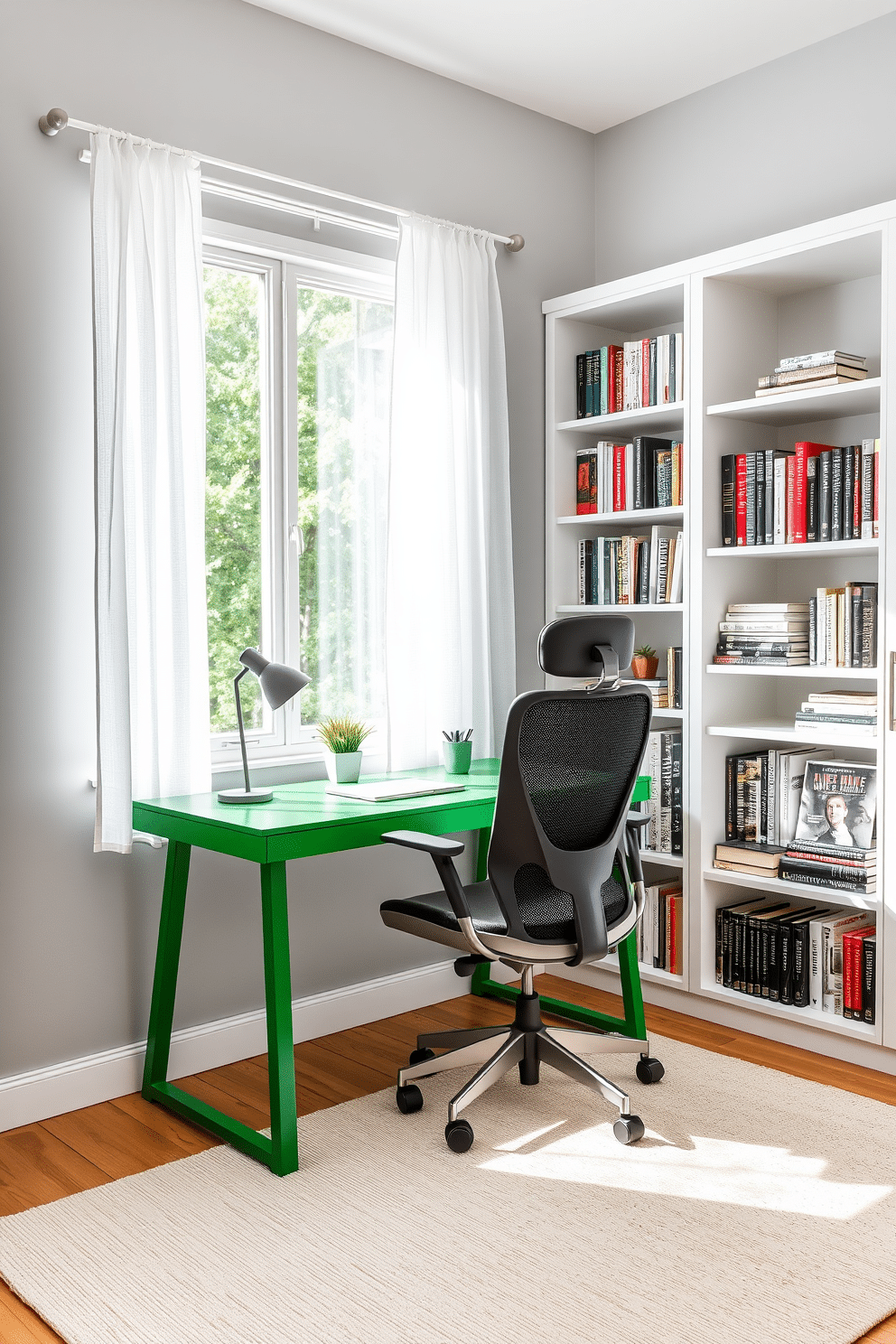 A stylish green desk is positioned against a light gray wall, complemented by an ergonomic chair that features a sleek design and lumbar support. Natural light floods the room through a large window adorned with sheer white curtains, creating an inviting and productive atmosphere. Bookshelves filled with neatly arranged books line one side of the room, while a small potted plant adds a touch of greenery on the desk. The floor is covered with a soft, neutral-colored rug that enhances the cozy feel of the study space.