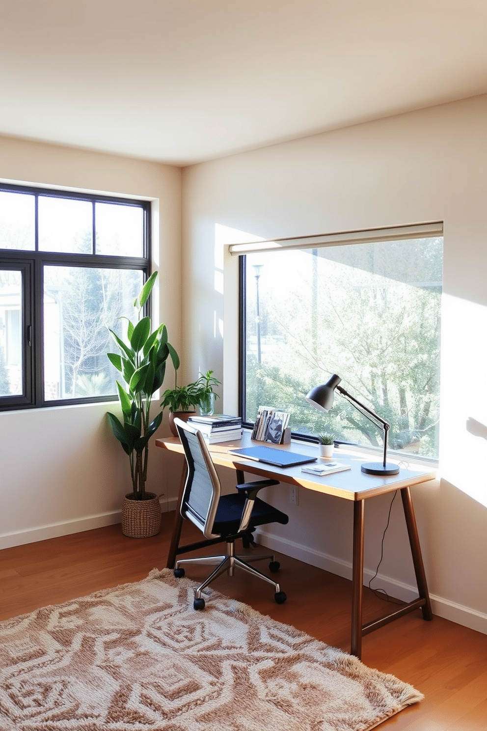 A serene study room featuring a large window that allows natural light to flood in. The walls are painted in a soft beige, and a sleek wooden desk is positioned against one wall, adorned with a modern lamp and a stack of books. In one corner, a collection of green plants in stylish pots adds a touch of vibrancy and life to the space. A comfortable ergonomic chair complements the desk, while a plush area rug in muted tones anchors the room, creating a cozy atmosphere.