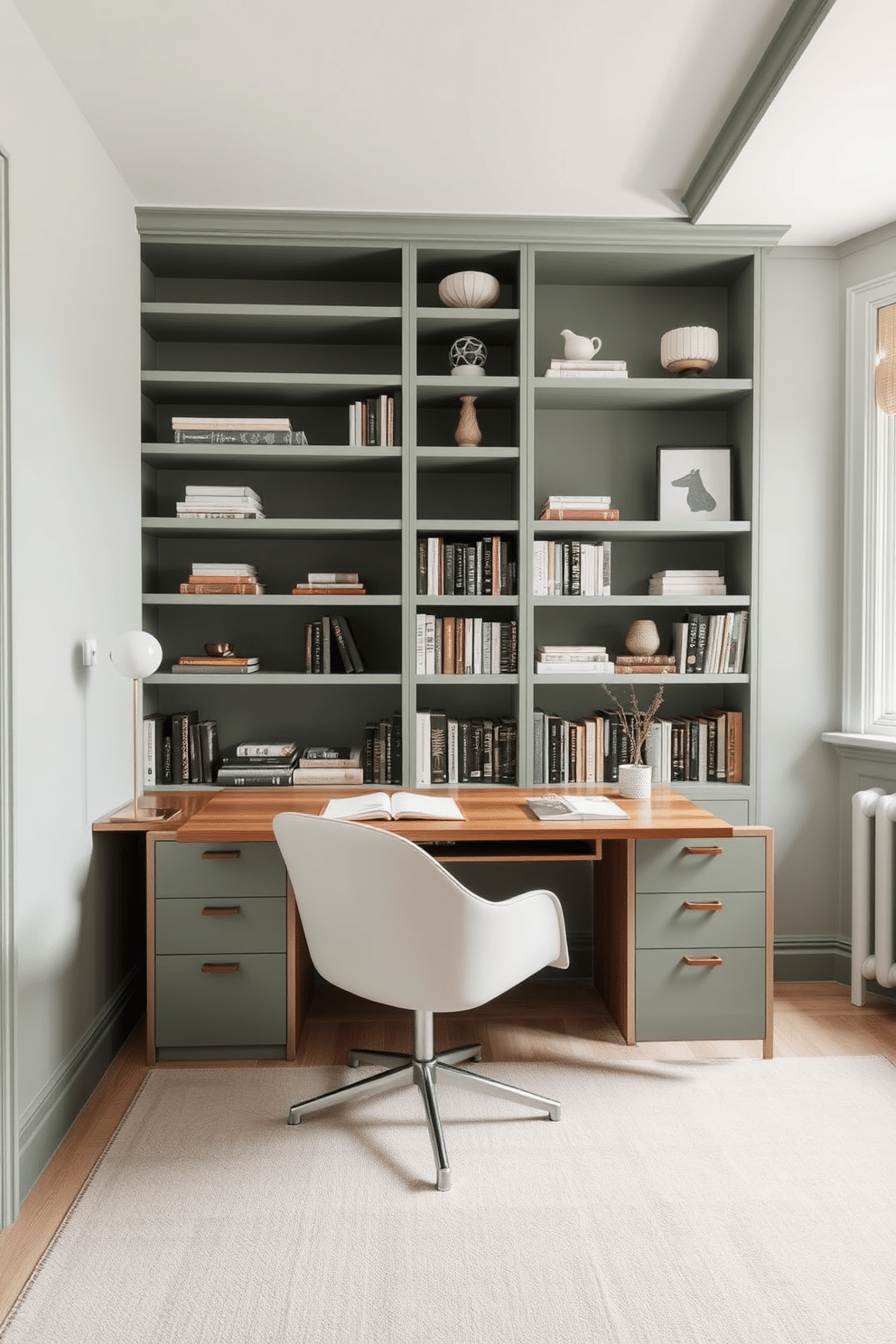 A serene study room featuring sage green shelves filled with books and decorative items. The walls are painted in a soft, complementary shade, creating a calming atmosphere perfect for focus and creativity. Incorporate a sleek wooden desk positioned near a window, allowing natural light to illuminate the space. A comfortable chair with a modern design invites long hours of reading and studying.