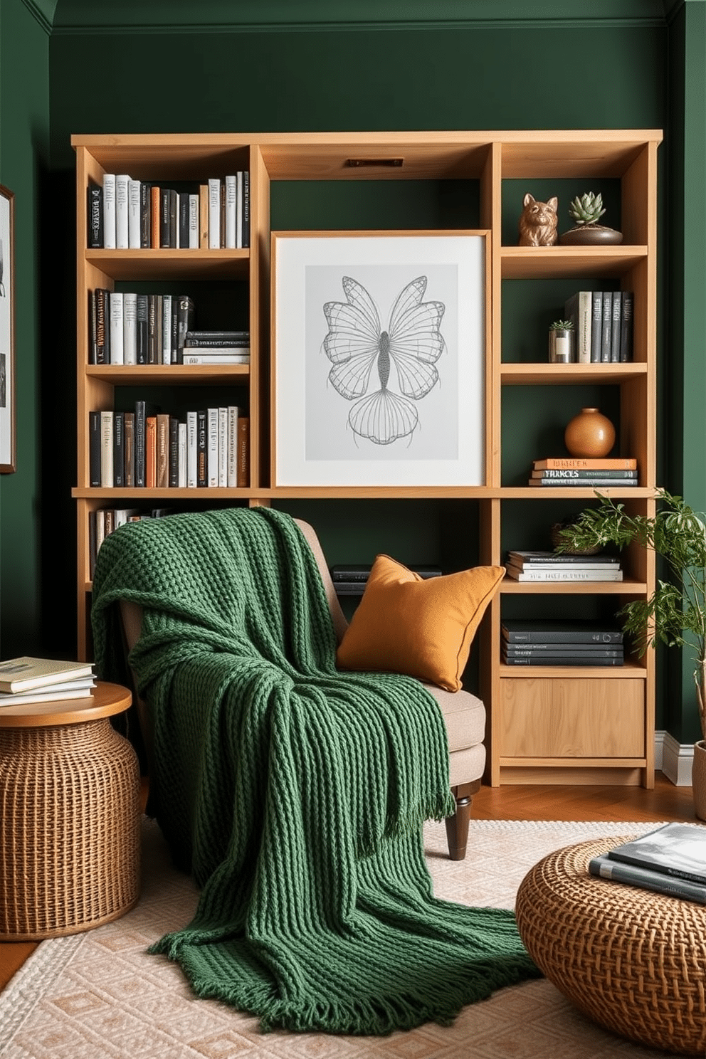 A cozy study room featuring textured green throws draped over a plush armchair, enhancing the space's comfort and warmth. The walls are adorned with deep green paint, complemented by natural wood shelves filled with books and decorative items.