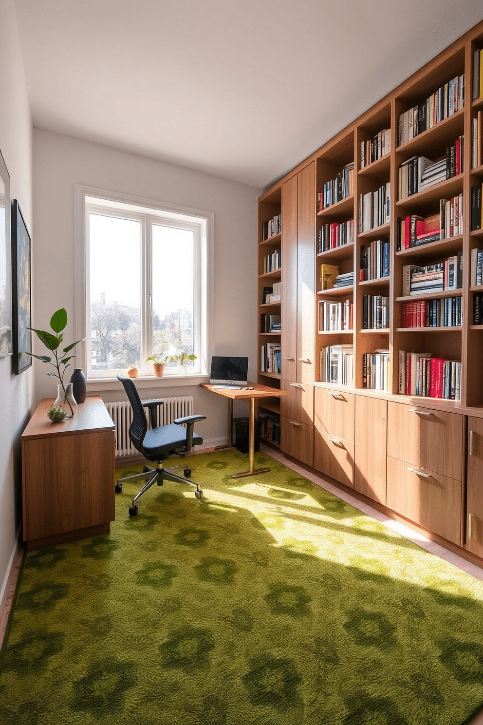 A cozy study room featuring a green patterned rug that adds texture and warmth to the space. The walls are painted in a soft white, and a sleek wooden desk sits against one wall, complemented by a comfortable ergonomic chair. Floor-to-ceiling bookshelves line another wall, filled with an array of books and decorative objects. A large window allows natural light to flood the room, enhancing the inviting atmosphere and showcasing a small indoor plant on the windowsill.