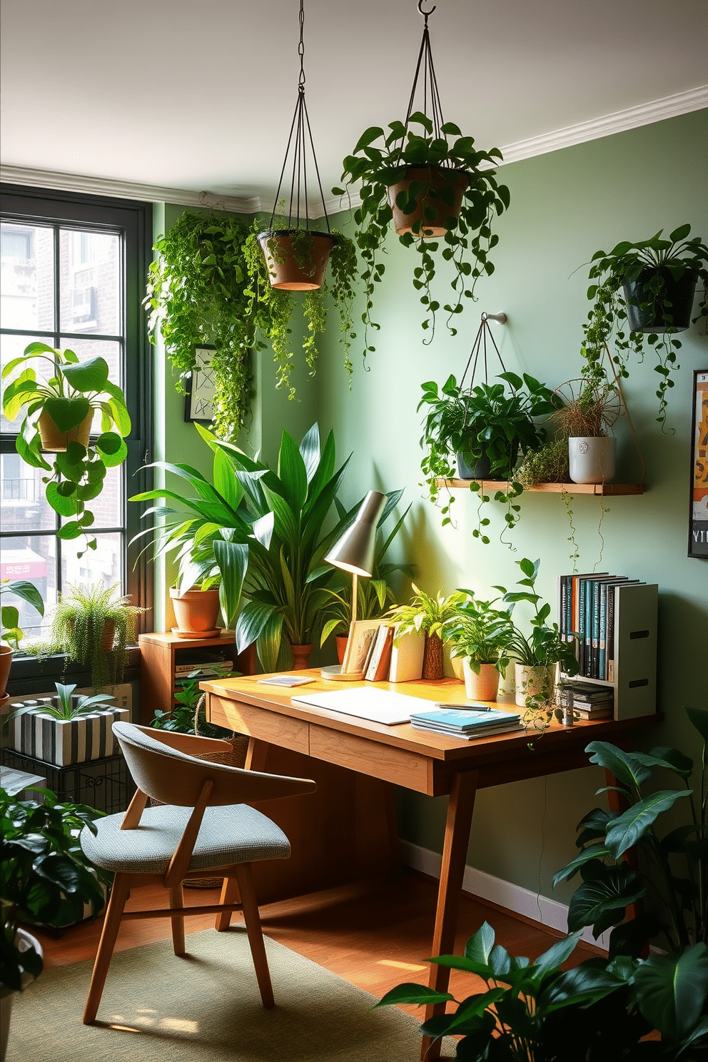 A vibrant green study room filled with various indoor plants that enhance the fresh and lively atmosphere. The walls are painted in a soft sage green, and a large window allows natural light to flood the space, illuminating a sleek wooden desk surrounded by lush greenery. On the desk, a stylish lamp and an assortment of stationery create an organized yet inviting workspace. A cozy reading nook with a comfortable chair and a small bookshelf filled with books adds to the room's charm, while hanging planters with trailing vines soften the overall look.