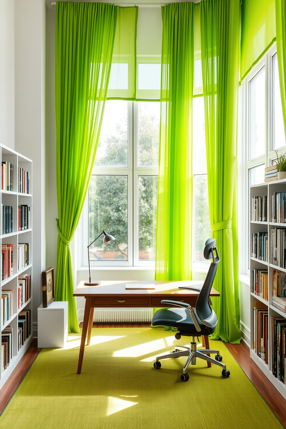 A bright green study room filled with natural light. The walls are painted in a soft white, creating a fresh and airy atmosphere. Large windows are adorned with bright green curtains that gracefully frame the view outside. A sleek wooden desk sits in the center, complemented by a comfortable ergonomic chair and organized shelves filled with books.