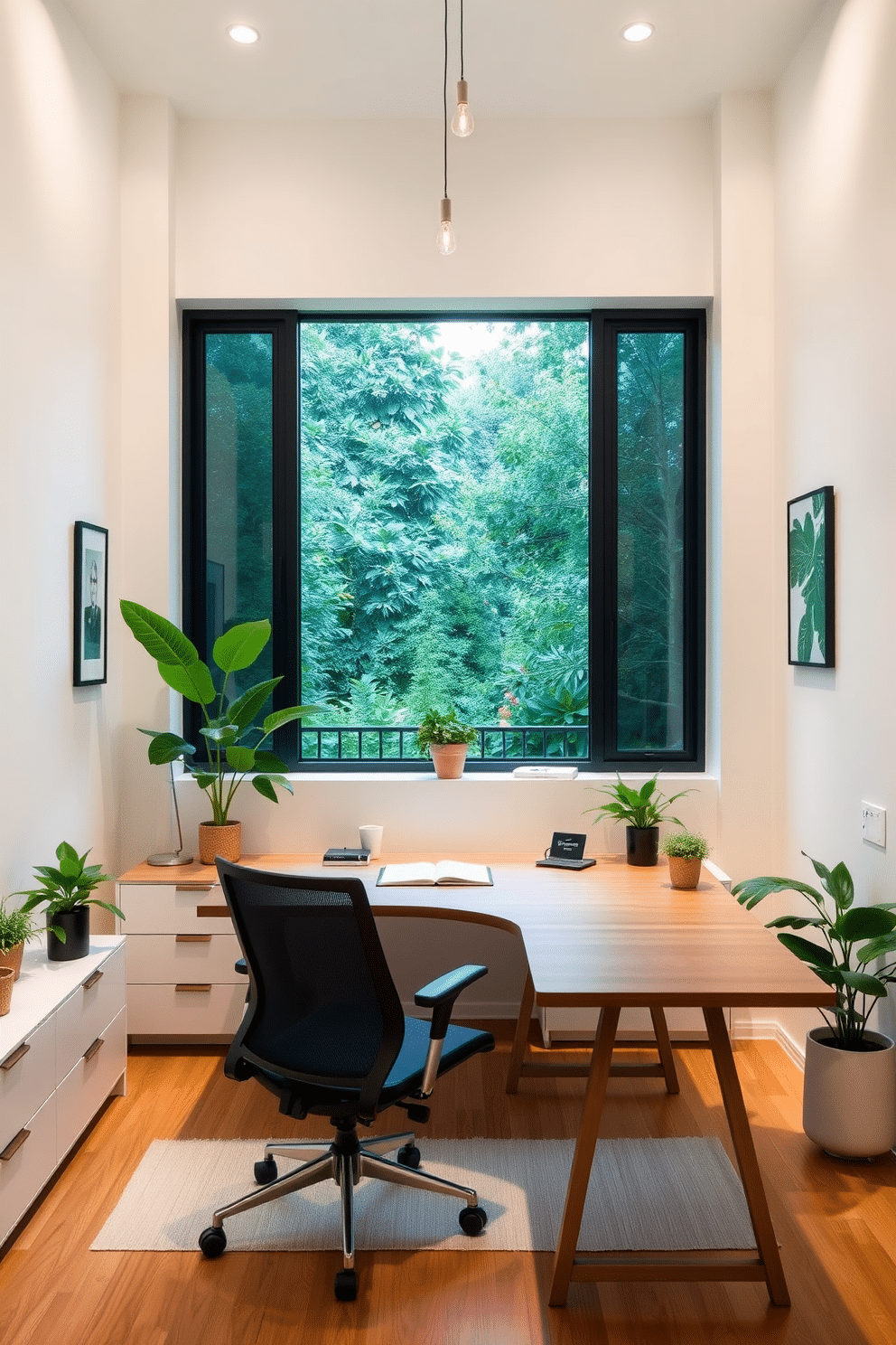 A minimalist study room featuring clean lines and a spacious layout. The walls are painted in a soft white, complemented by green accents through plants and decorative items. A sleek wooden desk sits in the center, paired with a comfortable ergonomic chair. A large window allows natural light to flood the space, enhancing the calming atmosphere created by the greenery.