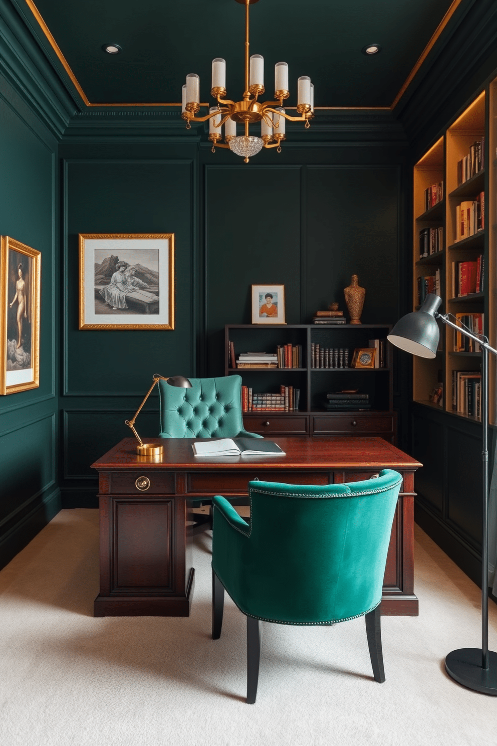 A cozy study room featuring dark green walls adorned with elegant gold accents. A large wooden desk sits in the center, complemented by a plush velvet chair in a rich emerald hue. On the walls, framed artwork with golden frames adds a touch of sophistication. A stylish bookshelf filled with books and decorative items lines one side, while a sleek floor lamp provides warm lighting for reading.