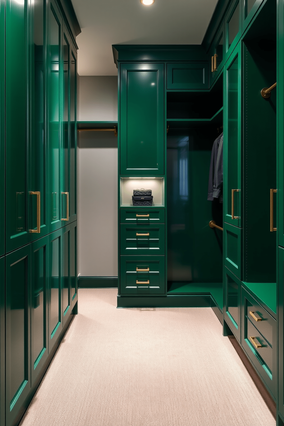 Lush green cabinetry for a vibrant look. The cabinets are sleek with a glossy finish, complemented by brass handles that add a touch of elegance. Green walk-in closet design ideas. The space features built-in shelving and hanging racks, with soft lighting that highlights the rich green tones and creates an inviting atmosphere.