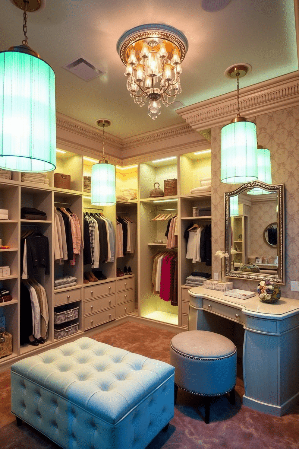 A luxurious walk-in closet with pastel green lighting fixtures that create a soft, inviting ambiance. The space features custom shelving, a plush ottoman, and a chic vanity area, all accentuated by the gentle glow of the lighting. The walls are adorned with elegant wallpaper in a subtle floral pattern, complementing the pastel theme. A large, full-length mirror reflects the carefully organized clothing and accessories, enhancing the overall sophistication of the design.