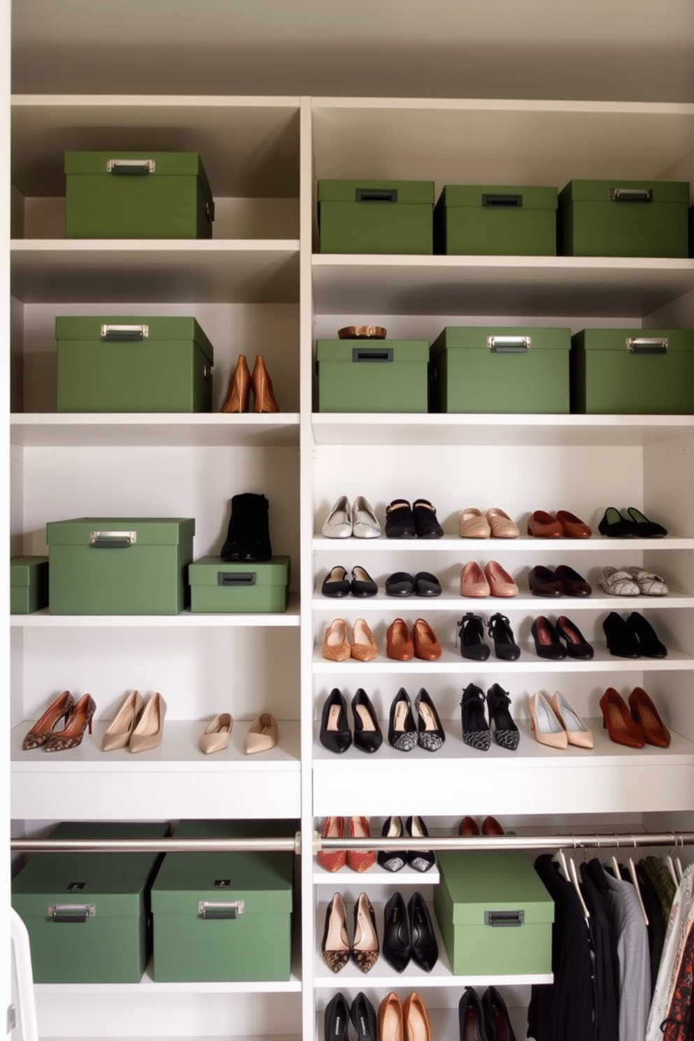 A stylish walk-in closet featuring open shelving adorned with green decorative boxes. The shelves are neatly organized, showcasing an array of shoes and accessories, while the walls are painted in a soft, calming hue to enhance the space.