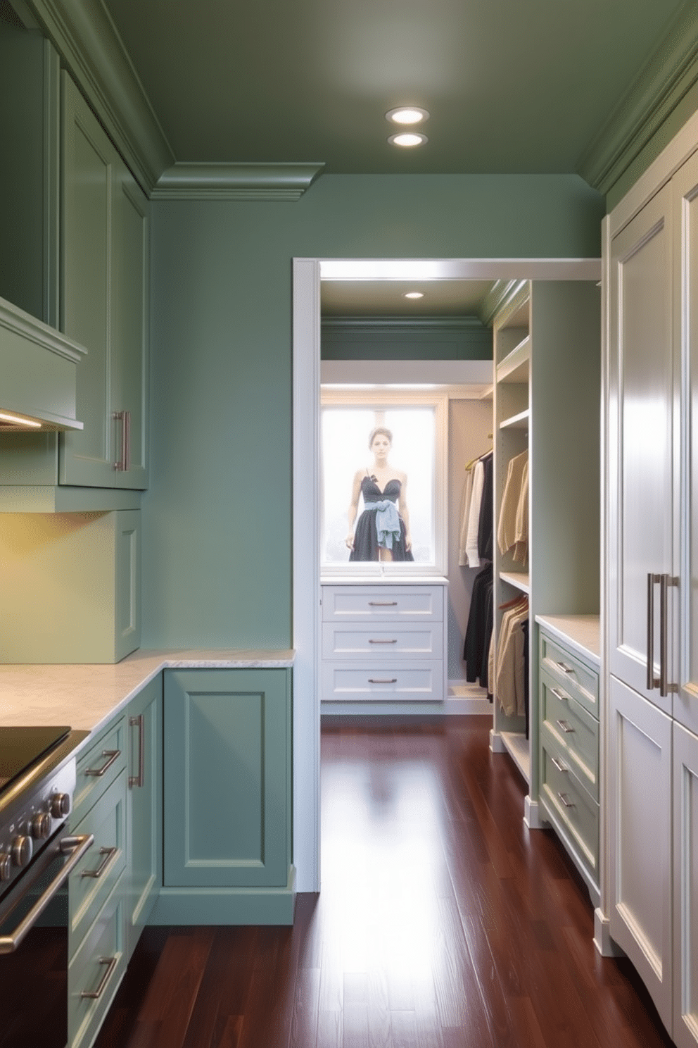 A stunning kitchen featuring two-tone cabinetry in soft green and crisp white. The upper cabinets are painted in a light green hue, while the lower cabinets showcase a bright white finish, creating a fresh and inviting atmosphere. An elegant walk-in closet designed with a rich green color palette. The space includes custom shelving and hanging areas, accented by warm wood tones and luxurious lighting to enhance the sophisticated ambiance.