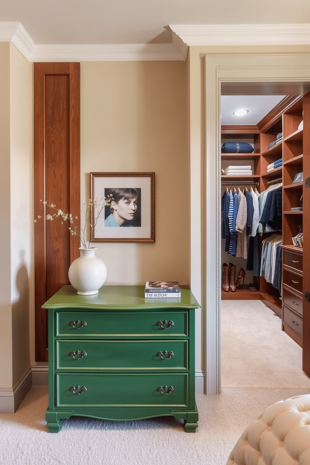 A vintage green dresser stands as the focal point of the room, exuding charm and character. Surrounding it, soft, neutral tones on the walls enhance its vibrant hue, while warm lighting creates an inviting atmosphere. The walk-in closet features elegant built-in shelving and hanging spaces, designed to maximize storage while maintaining a stylish appearance. Rich wooden accents and plush carpeting add a touch of luxury, making it a serene retreat for organizing and displaying fashion.