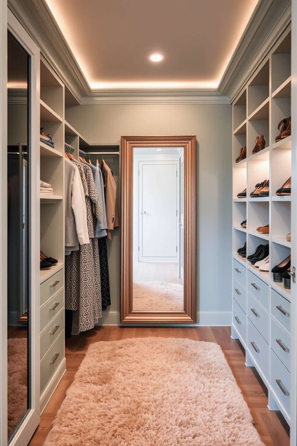 A tranquil walk-in closet featuring subtle seafoam green walls that evoke a sense of calm. The space is elegantly organized with custom shelving, hanging rods, and a plush area rug that adds warmth underfoot. Soft, ambient lighting highlights the carefully curated collection of shoes and accessories displayed on open shelves. A full-length mirror is positioned to reflect the serene color palette, enhancing the overall tranquility of the design.