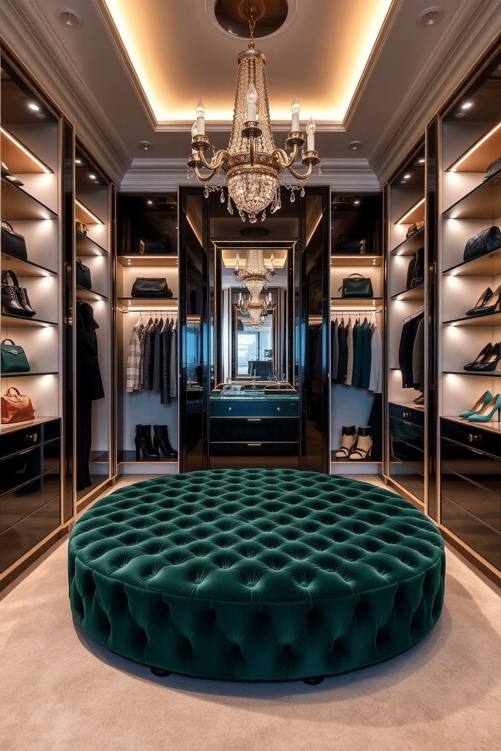 A luxurious walk-in closet featuring a plush green velvet ottoman at its center, surrounded by elegant shelving and hanging space. The walls are adorned with soft, ambient lighting that highlights the rich textures of the velvet and the sleek finishes of the cabinetry. The closet is designed with a mix of open and closed storage, showcasing designer handbags and shoes on display. A large mirror is positioned to reflect the opulence of the space, while a chic chandelier adds a touch of glamour overhead.