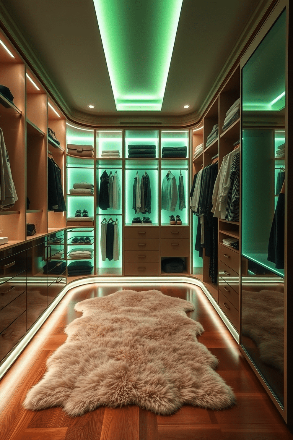 A luxurious walk-in closet featuring integrated LED lighting in soft green tones, illuminating the space with a serene ambiance. The closet is designed with custom shelving and hanging rods, showcasing an organized collection of clothing and accessories. The flooring is a rich hardwood that contrasts beautifully with the light green accents. A plush area rug adds comfort, while a full-length mirror enhances the feeling of spaciousness in this elegant retreat.