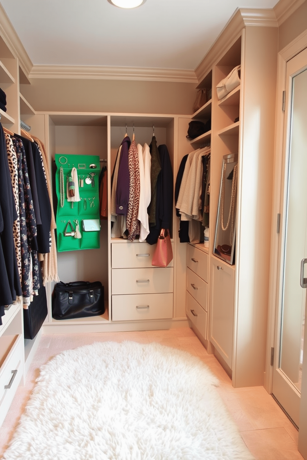 A chic walk-in closet featuring green hanging organizers for accessories, providing a pop of color against the soft beige walls. The organizers are neatly arranged, showcasing a variety of accessories such as scarves, jewelry, and handbags, while a plush area rug adds warmth underfoot. The spacious layout includes built-in shelving and a full-length mirror, enhancing the closet's functionality and style. Soft, ambient lighting illuminates the space, creating an inviting atmosphere for selecting outfits and accessories.