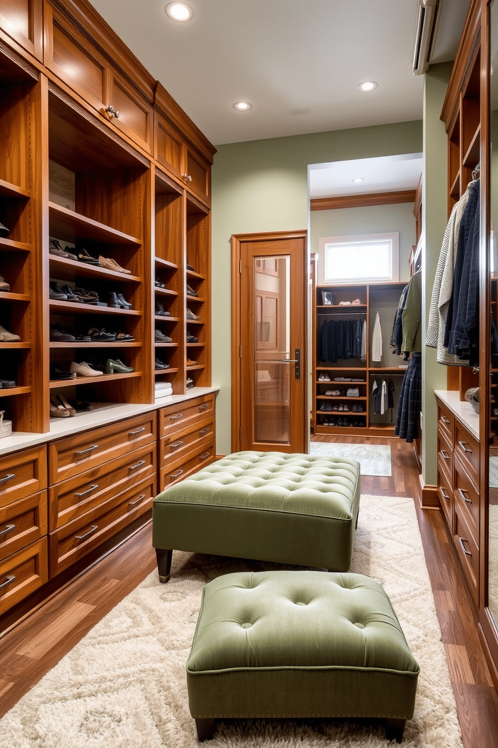 A luxurious walk-in closet featuring natural wood accents harmonizing with shades of green. The cabinetry is crafted from rich, warm wood, and the walls are adorned with a soft sage green, creating a serene atmosphere. Elegant shelving displays an array of shoes and accessories, while a plush area rug in a complementary shade adds comfort underfoot. A stylish ottoman upholstered in a muted green fabric provides a cozy spot for dressing.