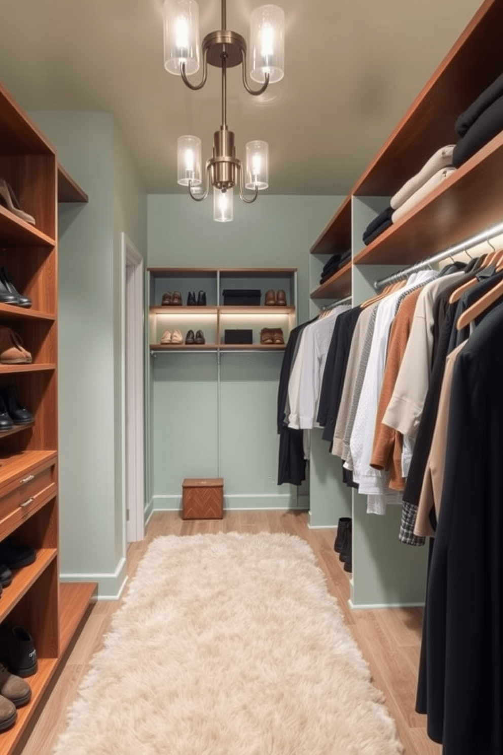 Soft mint walls create a serene backdrop for a stylish walk-in closet. Wooden shelves are strategically placed to display shoes and accessories, enhancing both functionality and aesthetics. The closet features a plush area rug that adds warmth and comfort underfoot. Elegant lighting fixtures illuminate the space, highlighting the organized arrangement of clothing and personal items.