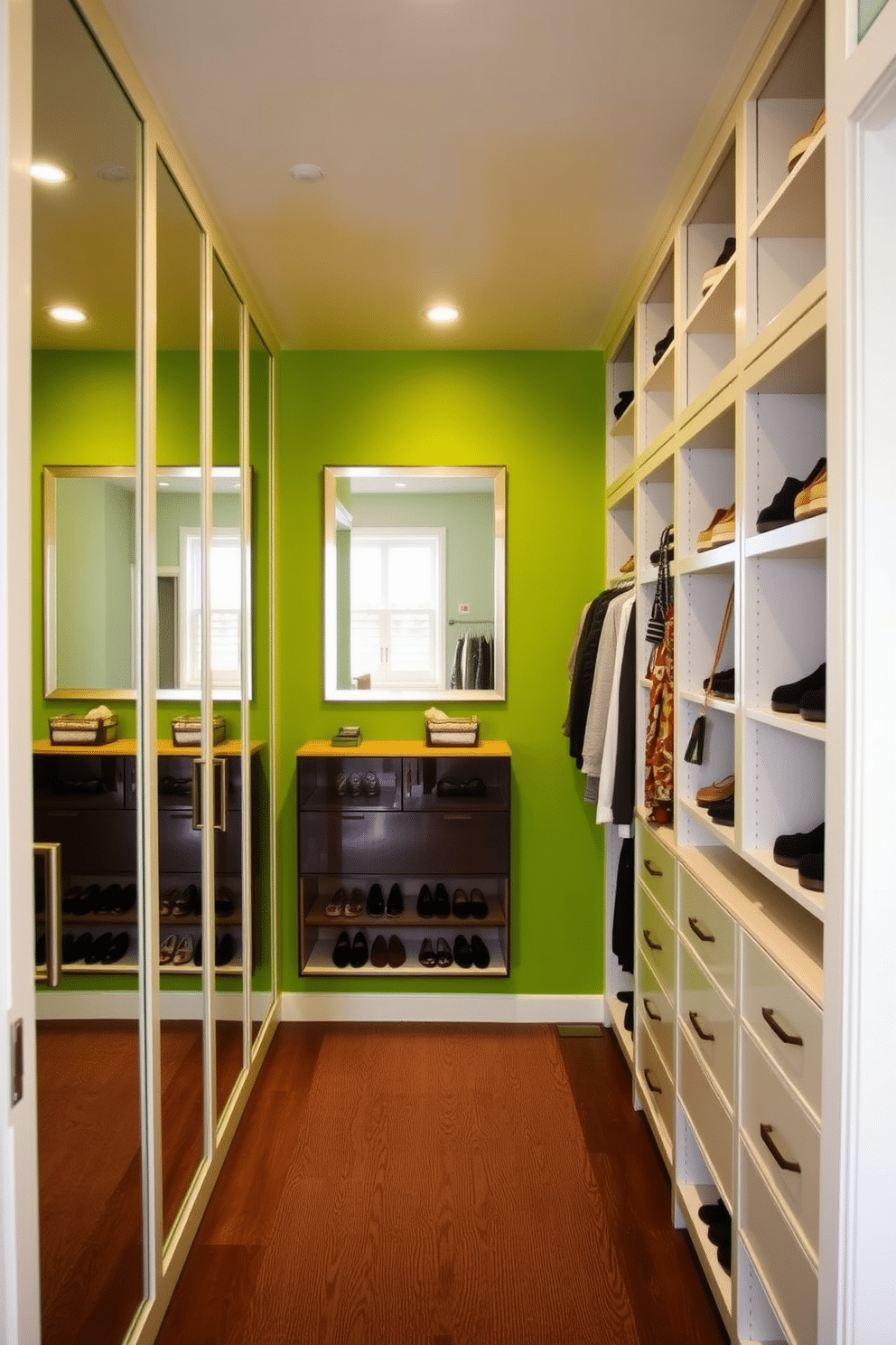 A bright green accent wall creates a vibrant focal point in the walk-in closet, enhancing the sense of space and style. Mirrors are strategically placed to reflect light and add depth, making the area feel even more expansive. The closet features custom shelving and hanging space, elegantly arranged to showcase shoes and accessories. Soft lighting fixtures illuminate the space, highlighting the lush green tones and creating an inviting atmosphere.