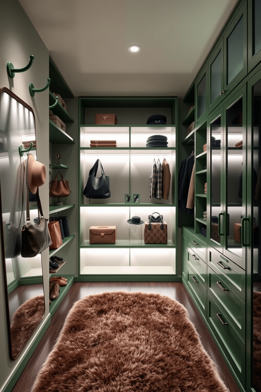 A stylish walk-in closet features sleek green hooks mounted on the walls, ideal for hanging bags and hats. The space is illuminated by soft, ambient lighting that highlights the elegant shelving and organized storage solutions, creating a functional yet chic environment. The closet design incorporates a mix of open and closed storage, with custom cabinetry in a complementary shade of green. Luxurious materials, such as a plush area rug and a full-length mirror, add to the overall sophistication of the space.