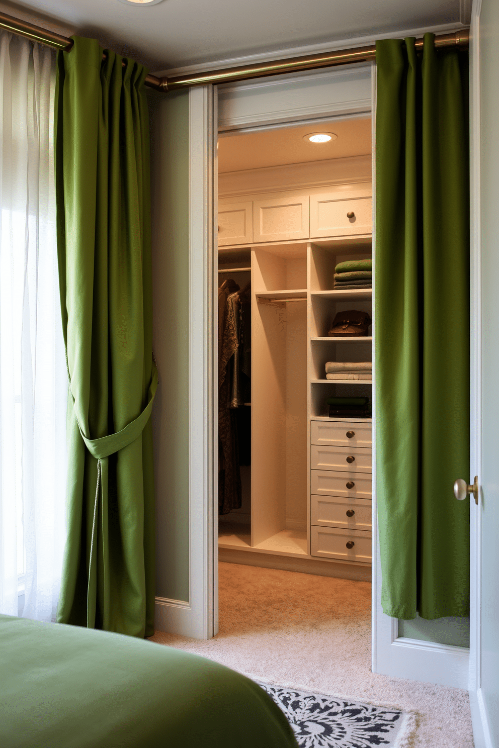 Elegant green curtains drape gracefully from a polished wooden rod, their rich fabric adding a touch of sophistication to the room. The curtains are complemented by a soft, ambient light that filters through, creating a serene and inviting atmosphere. The walk-in closet features custom shelving and drawers in a sleek white finish, harmonizing beautifully with the elegant green accents throughout. A plush area rug adds warmth underfoot, while strategically placed lighting highlights the carefully organized space, making it both functional and stylish.