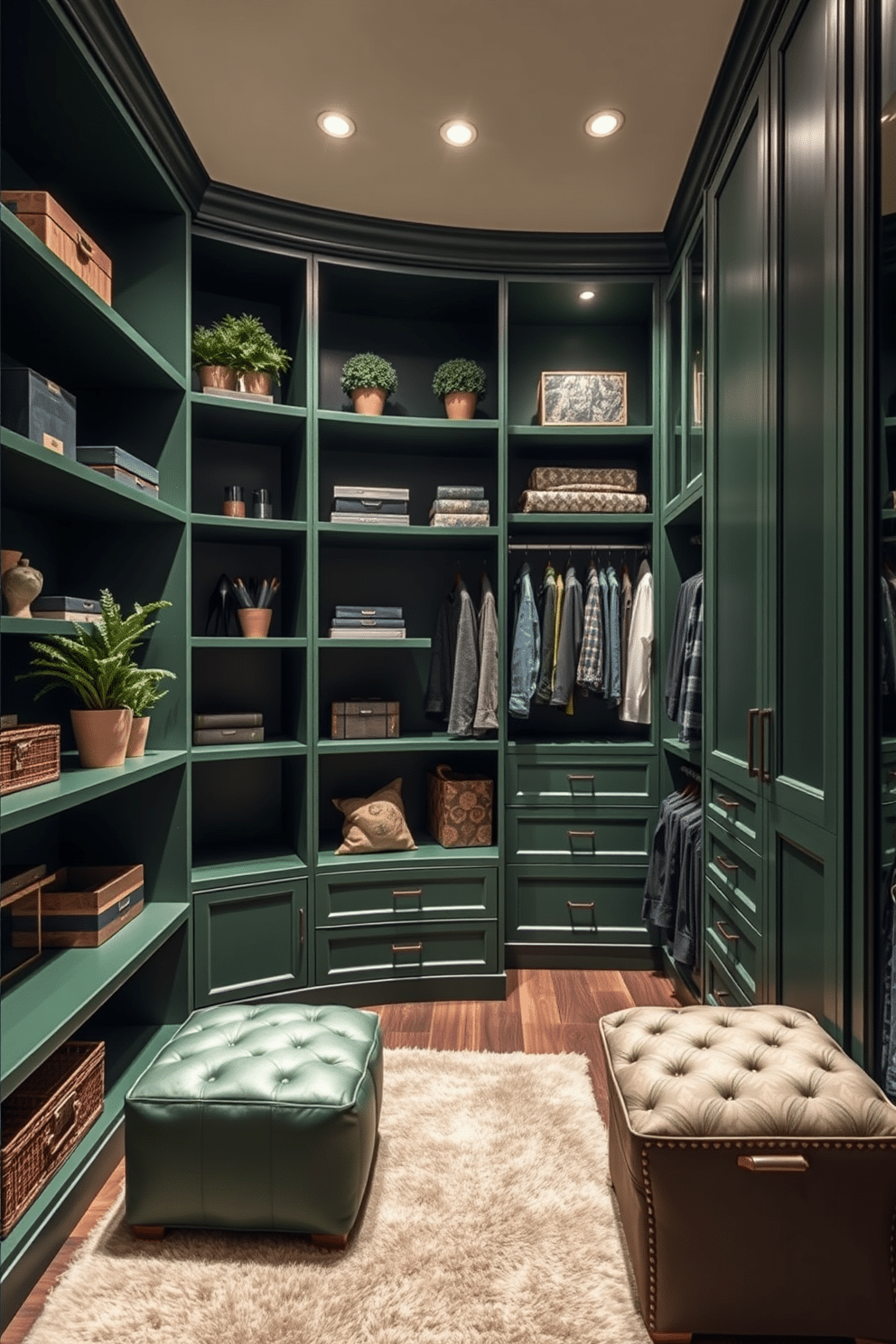 Clever corner shelving in deep green, designed to maximize space while adding a touch of elegance. The shelves feature a mix of open and closed storage, adorned with decorative boxes and potted plants for a vibrant contrast. Green walk-in closet design ideas that incorporate rich textures and ample lighting. The layout includes custom cabinetry with a blend of hanging and shelving options, complemented by a plush area rug and a stylish ottoman for seating.