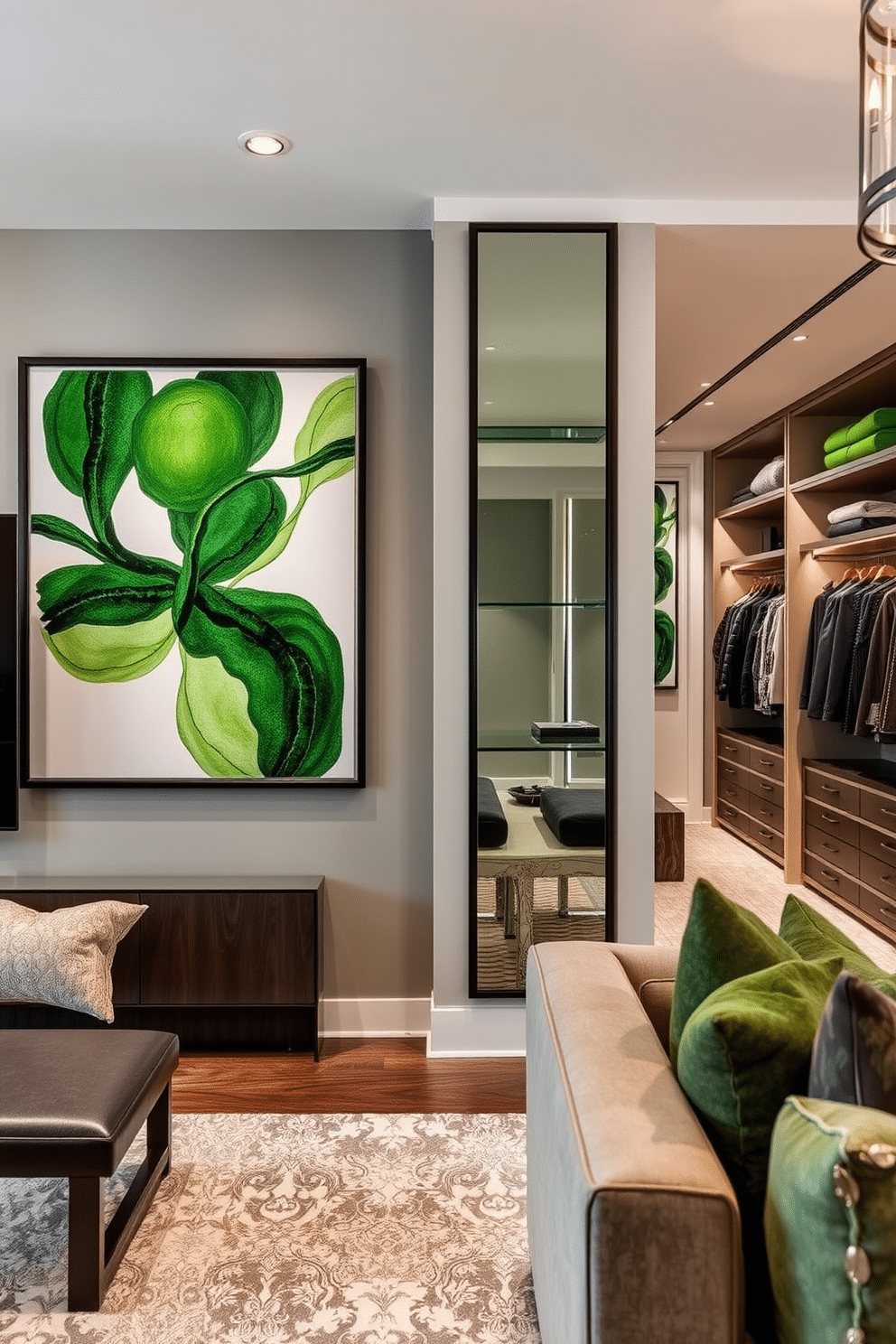 Artistic green wall art that adds personality to a contemporary living space. The artwork features abstract designs with varying shades of green, framed in sleek black to complement the room’s decor. A luxurious walk-in closet designed with functionality and style in mind. The space includes custom shelving, a plush seating area, and elegant lighting that highlights the rich textures of the clothing and accessories.