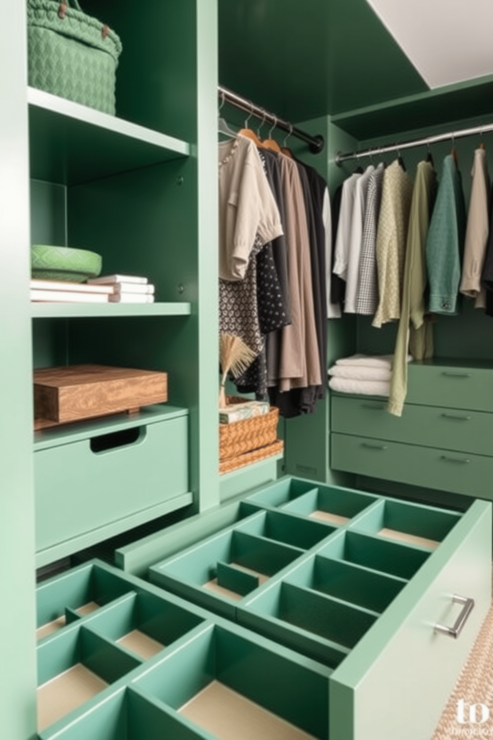 Functional green drawer dividers for neatness. These dividers are designed to fit seamlessly into a variety of drawer sizes, promoting organization and easy access to items. Green walk-in-closet design ideas. The closet features built-in shelving, hanging rods, and a full-length mirror, all accented with a soothing green color palette for a tranquil dressing experience.