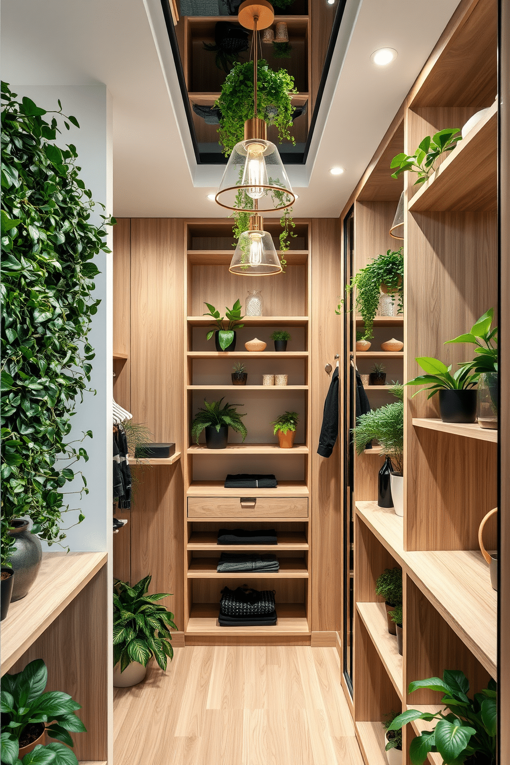 A luxurious walk-in closet filled with fresh plants to enhance the green theme. The shelves are made of light wood, creating a warm contrast with the vibrant greenery and soft white walls. In one corner, a vertical garden features various potted plants, adding life and color to the space. The closet is illuminated by elegant pendant lights that reflect off a large mirror, enhancing the overall brightness and openness.