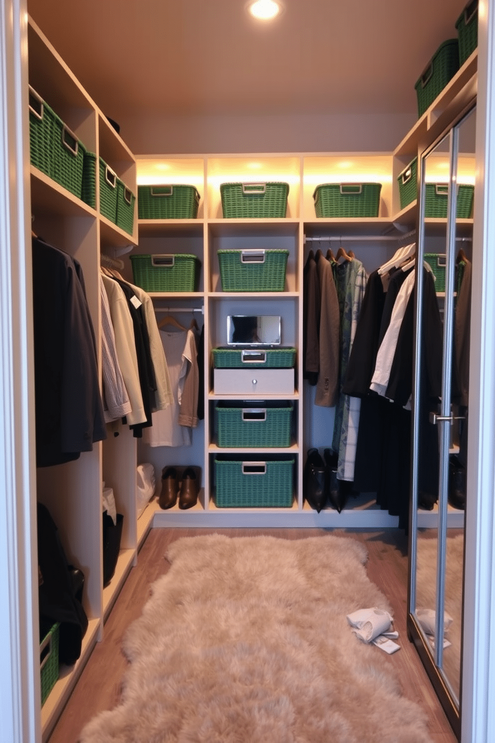 A stylish walk-in closet featuring decorative green baskets for storage solutions. The baskets are neatly arranged on open shelves, complemented by a soft, warm light illuminating the space. The closet is designed with a combination of hanging rods and shelves, providing ample space for clothing and accessories. A plush area rug in a neutral tone adds comfort underfoot, while a full-length mirror enhances the sense of openness.