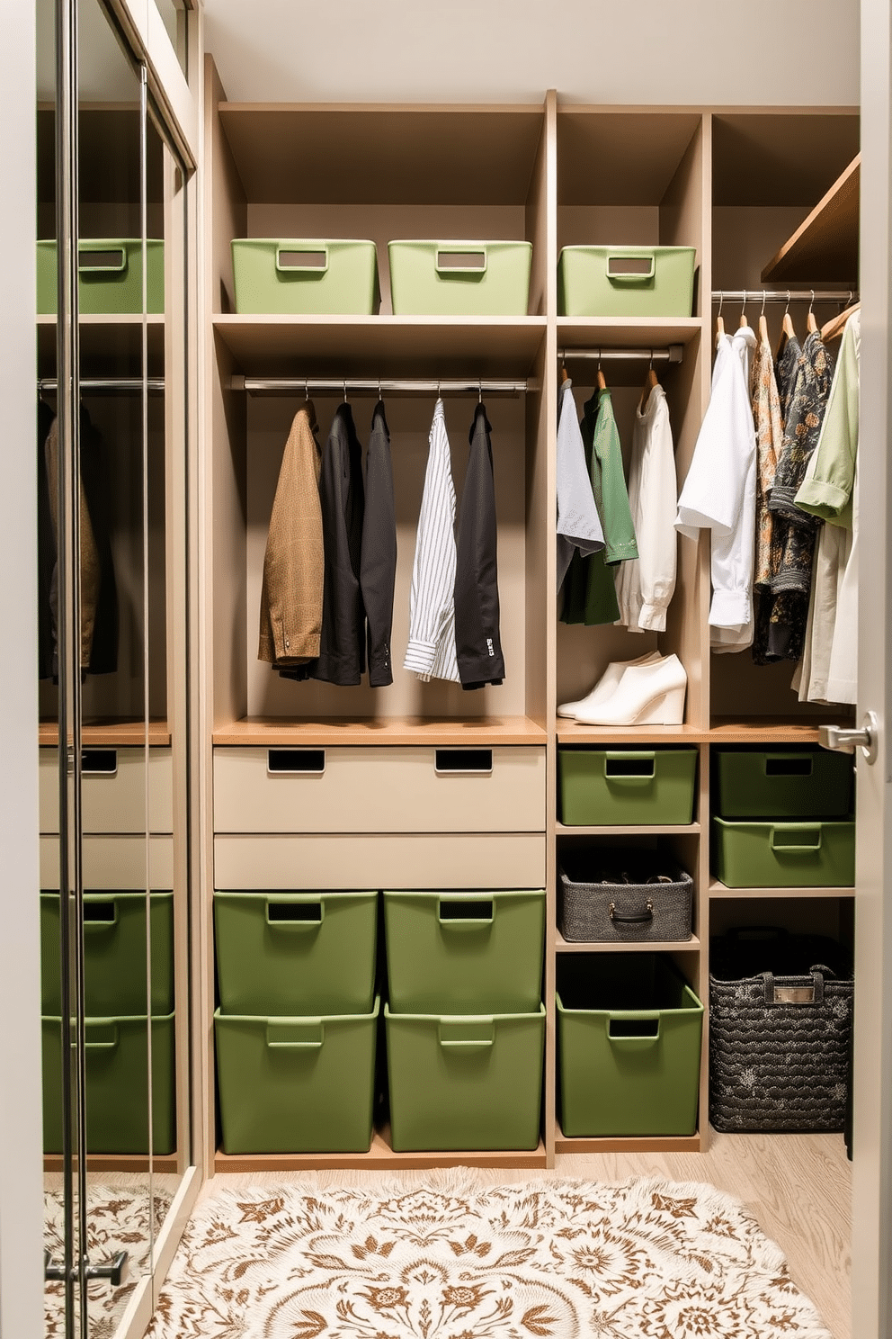 A stylish walk-in closet featuring smart pull-out hampers in various shades of green. The space is designed with sleek shelving and hanging rods, complemented by a plush area rug that adds warmth and comfort.