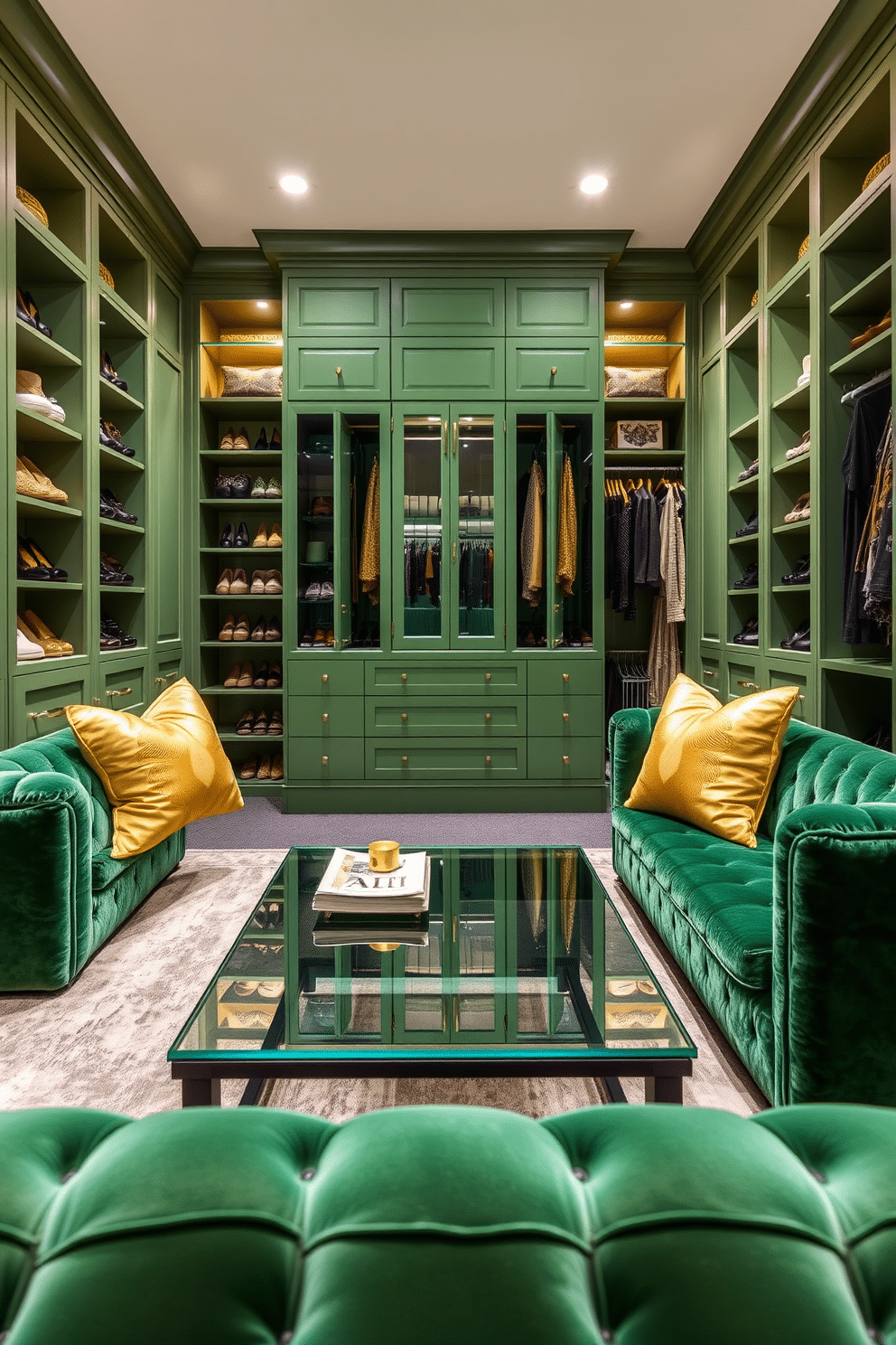 Sophisticated green seating area for comfort. The space features a plush emerald green sofa adorned with gold and cream accent pillows, complemented by a sleek glass coffee table at its center. Green Walk-In-Closet Design Ideas. The closet showcases custom shelving and hanging spaces, finished in a soft sage green, with elegant lighting that highlights the organized display of shoes and accessories.