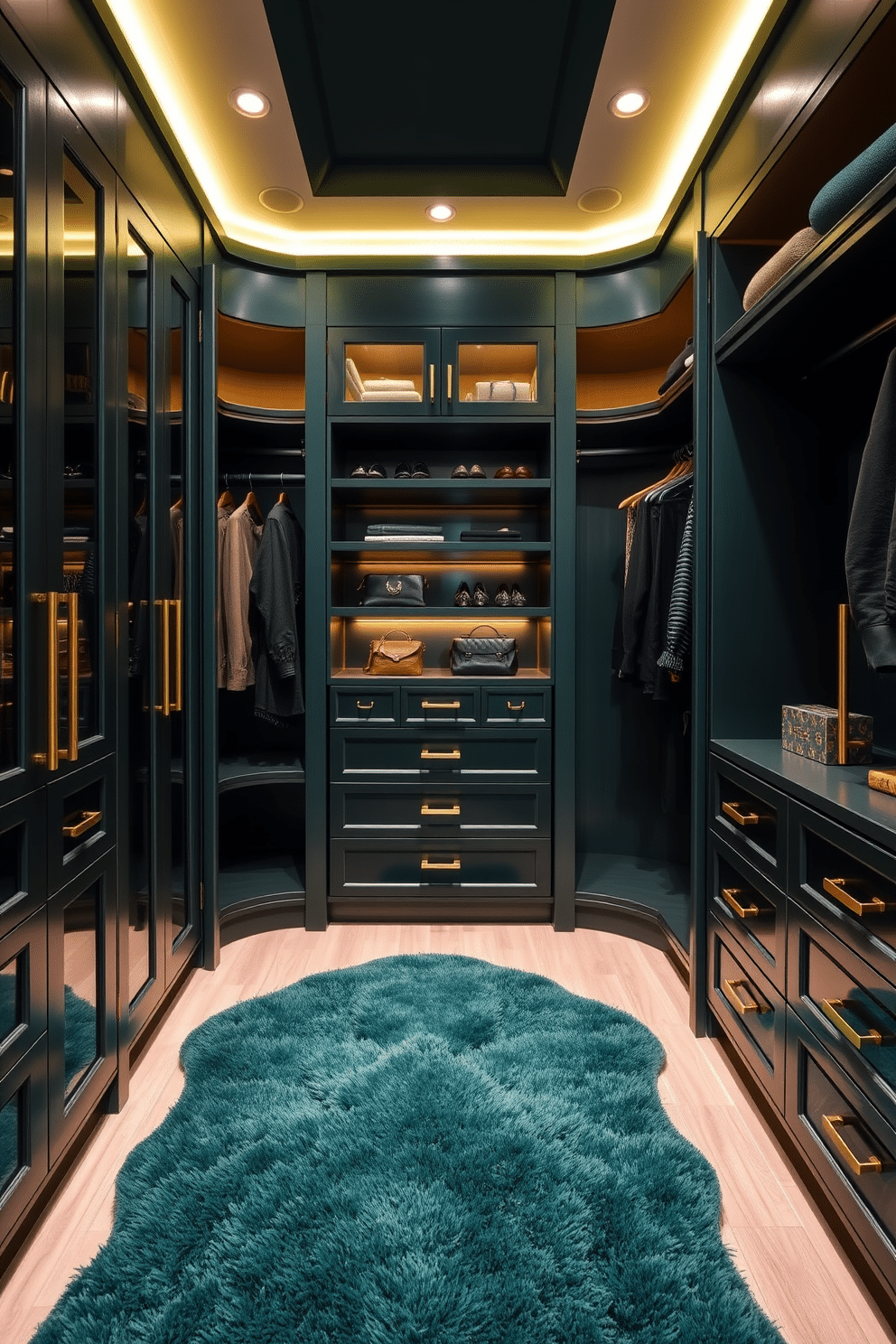 A luxurious walk-in closet featuring dark emerald accents on the walls, creating a rich and inviting atmosphere. Gold hardware adorns the custom cabinetry, adding a touch of elegance and sophistication to the space. The closet is illuminated by soft, warm lighting that highlights the textures of the fabrics and finishes. A plush area rug in a complementary shade anchors the space, providing comfort underfoot while showcasing designer shoes and accessories.