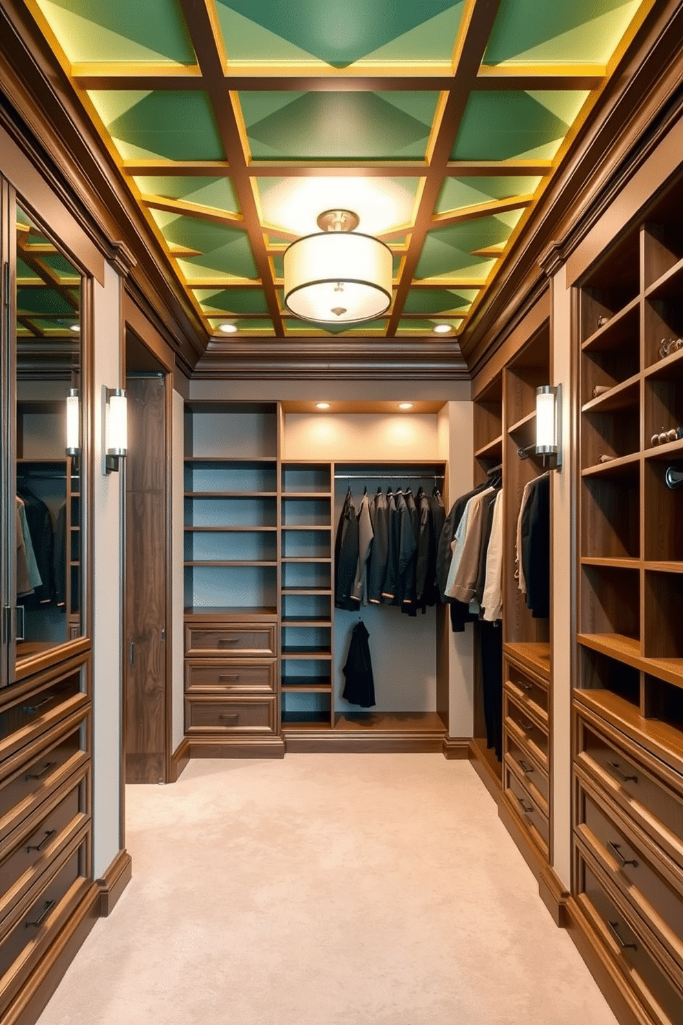 A stunning walk-in closet featuring a creative green ceiling design that complements the luxurious wooden shelving and hanging space. The walls are adorned with soft beige tones, creating a warm contrast, while elegant lighting fixtures enhance the overall ambiance. The ceiling showcases a unique geometric pattern in varying shades of green, adding depth and interest to the space. Plush carpeting in a neutral color completes the look, providing comfort underfoot and making the closet a stylish retreat.