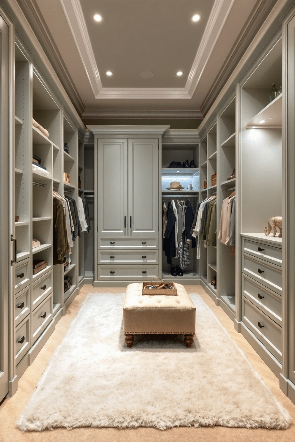 A luxurious walk-in closet featuring light sage tones complemented by crisp white trim. The space is designed with custom shelving and hanging rods, creating an organized yet elegant atmosphere. Soft lighting illuminates the room, highlighting a plush area rug that adds warmth underfoot. A stylish ottoman sits in the center, providing a comfortable spot for dressing and accessorizing.