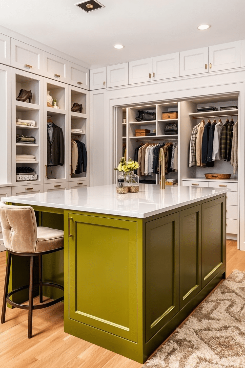 A bold olive green island takes center stage in a modern kitchen, featuring sleek brass hardware and a polished white quartz countertop. Surrounding the island are elegant bar stools with plush upholstery, creating a perfect spot for casual dining or entertaining guests. The walk-in closet is designed with floor-to-ceiling cabinetry in a soft white finish, providing ample storage for clothing and accessories. A plush area rug adds warmth to the space, while strategically placed lighting highlights the organized shelves and hanging areas.