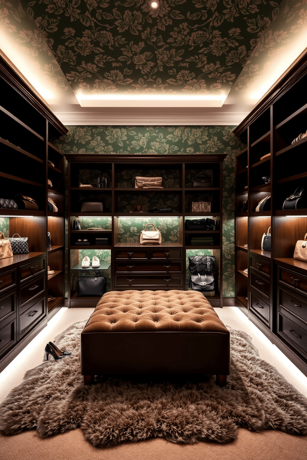 A luxurious walk-in closet featuring forest green wallpaper adorned with intricate floral patterns. The space includes elegant shelving units made of dark wood, complemented by a plush area rug in a neutral tone. Soft, ambient lighting highlights the beauty of the wallpaper while providing a cozy atmosphere. A stylish ottoman sits in the center, surrounded by organized displays of handbags and shoes.