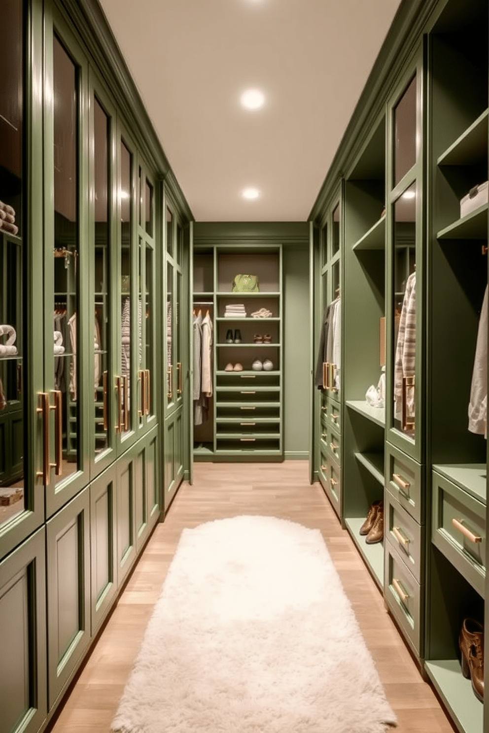 Chic green glass-front cabinets create an elegant and modern storage solution, allowing for easy visibility of your favorite accessories and clothing. The cabinets are complemented by brushed gold hardware, enhancing the overall sophistication of the space. The walk-in closet features a spacious layout with ample lighting, showcasing a combination of open shelving and enclosed storage. Soft green walls and a plush area rug add a touch of serenity, making it a perfect retreat for organizing your wardrobe.