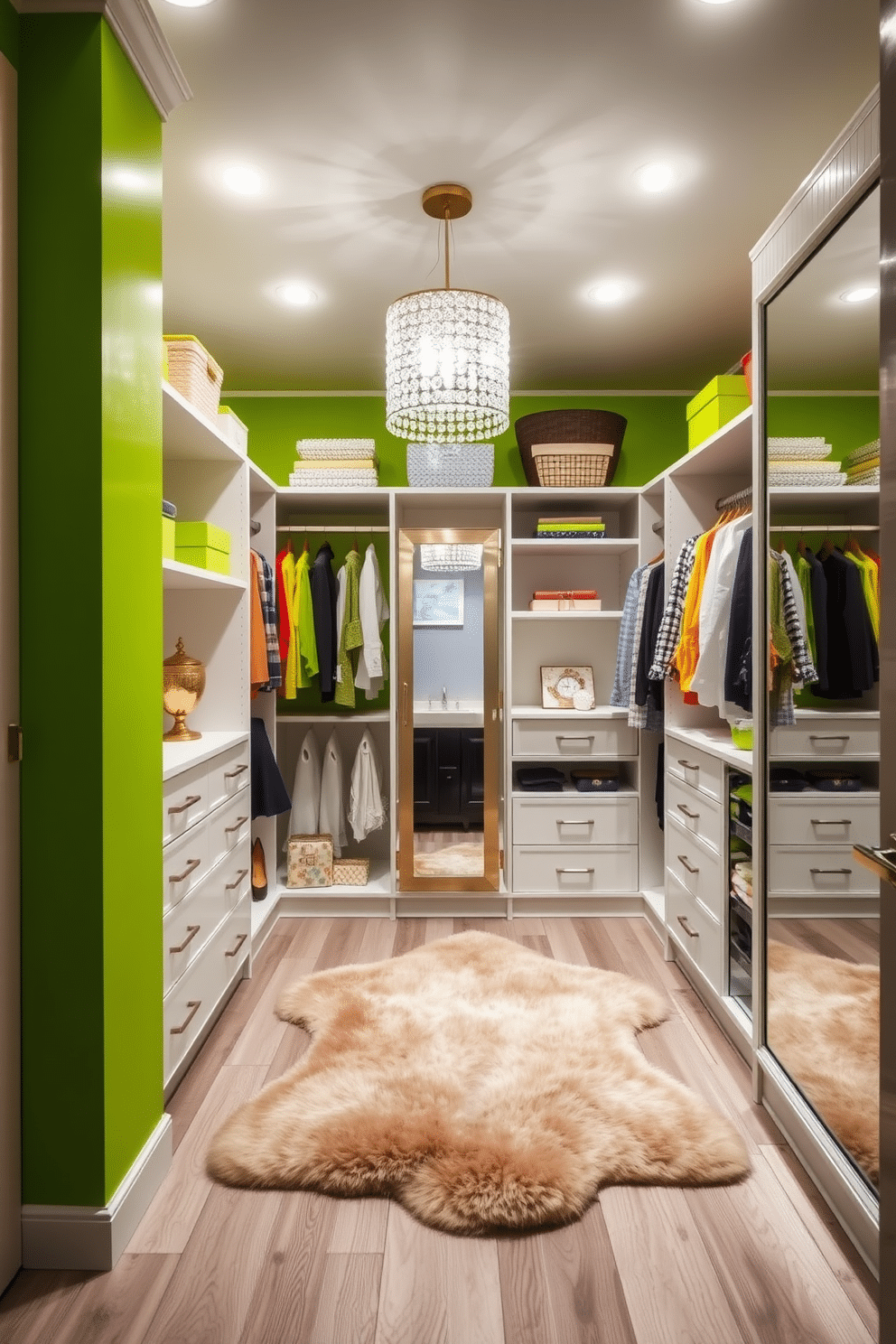 A bright lime accent wall contrasts beautifully with the neutral tones of the surrounding walls and flooring in the walk-in closet. The space features custom shelving and hanging areas, with stylish storage solutions that incorporate pops of lime through accessories and decor. The closet is well-lit with recessed lighting and a chic chandelier, enhancing the vibrant accents. A plush area rug in neutral tones adds warmth, while a full-length mirror reflects the lively colors and spacious design.