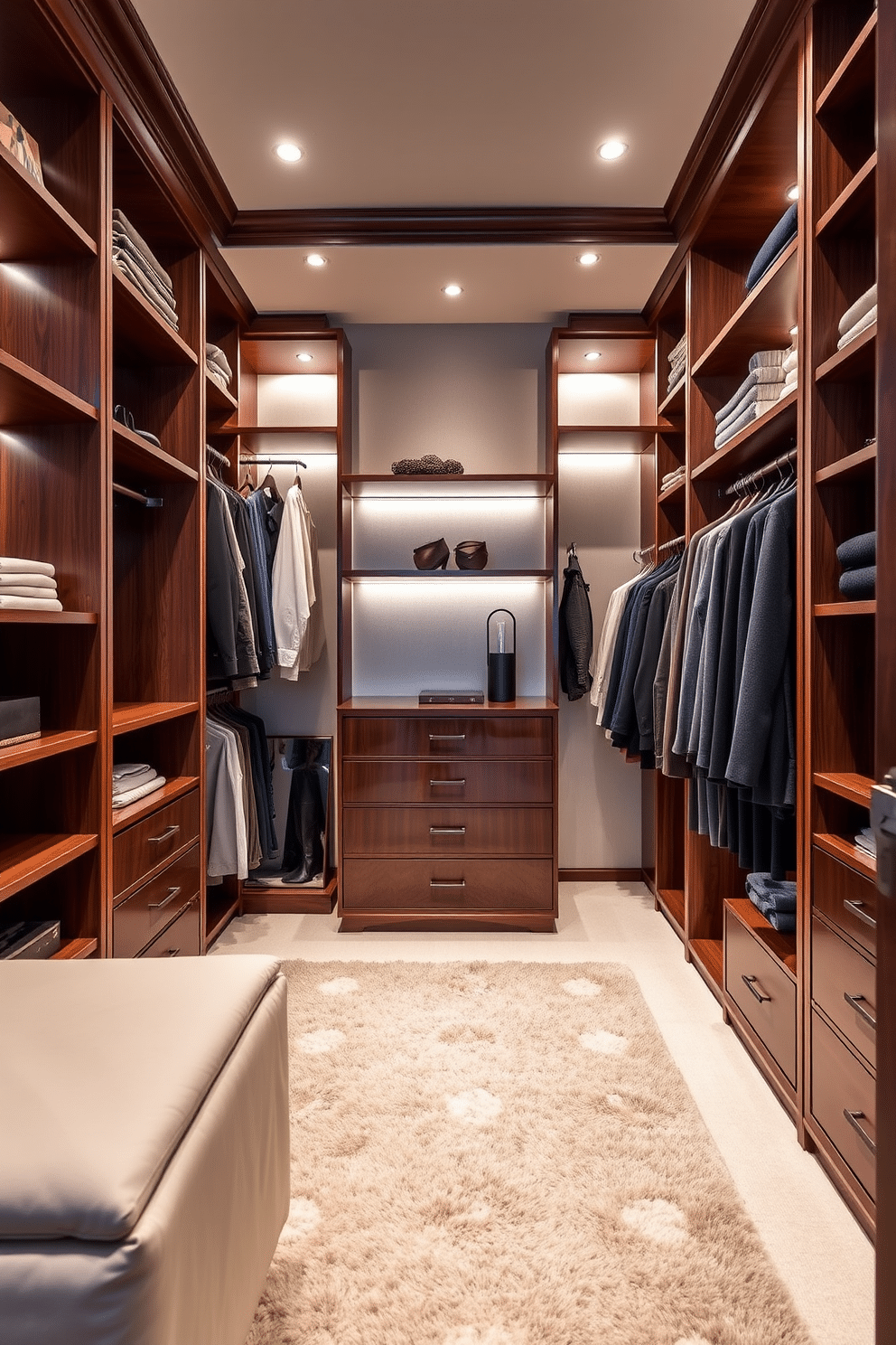 A luxurious walk-in closet designed for a guest bedroom features spacious shelves made from rich mahogany, providing ample organized storage for clothing and accessories. Soft, ambient lighting illuminates the space, while a plush area rug adds warmth underfoot, creating an inviting atmosphere for guests.