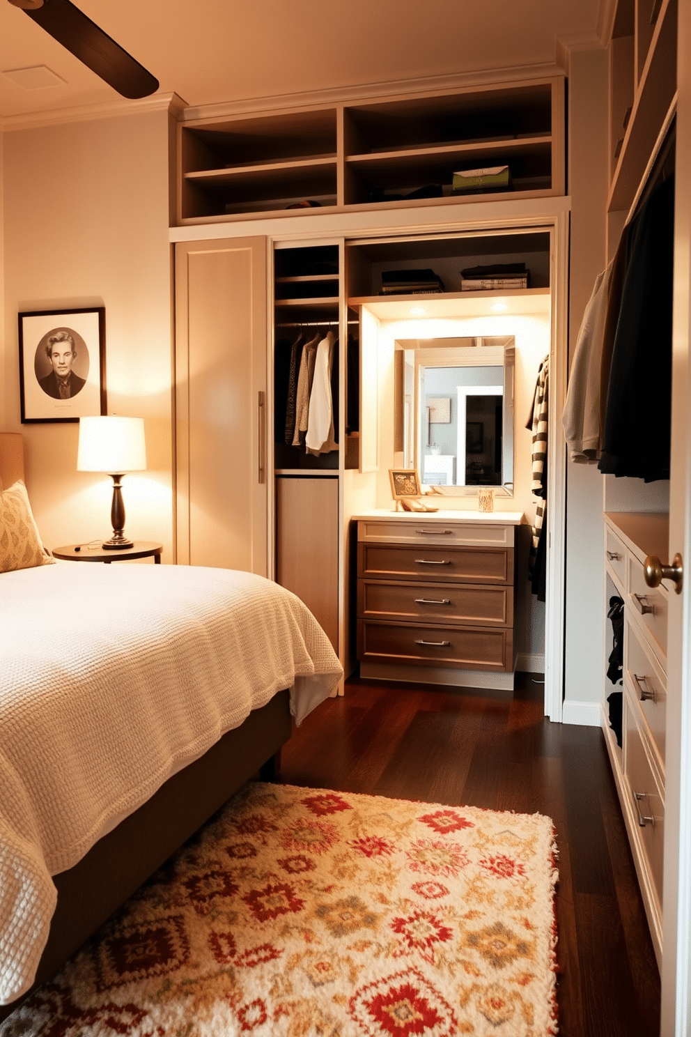 Layered rugs in a cozy guest bedroom create a warm and inviting atmosphere. The top rug features a soft, neutral texture, while a vibrant patterned rug peeks out from underneath, adding depth and character. The walk-in closet design includes custom shelving and hanging space to maximize storage efficiency. Soft, ambient lighting illuminates the space, highlighting a stylish island with drawers for accessories and a full-length mirror for convenience.