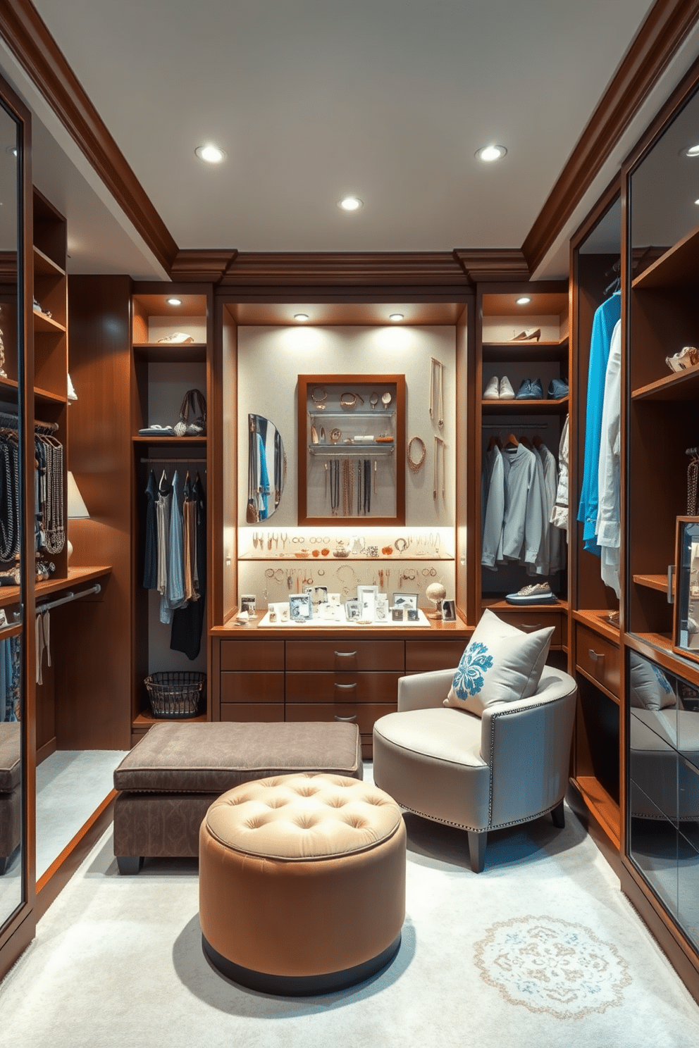 A luxurious guest bedroom walk-in closet features elegant wooden shelving and hanging spaces, designed to showcase a stunning jewelry display area. The display is illuminated with soft lighting, highlighting an array of necklaces, bracelets, and rings arranged in an organized yet artistic manner. The closet is adorned with plush carpeting and has a cozy seating area with a chic ottoman, inviting guests to relax while they choose their accessories. Soft pastel colors on the walls create a calming ambiance, while a large mirror reflects the beautiful layout and enhances the sense of space.