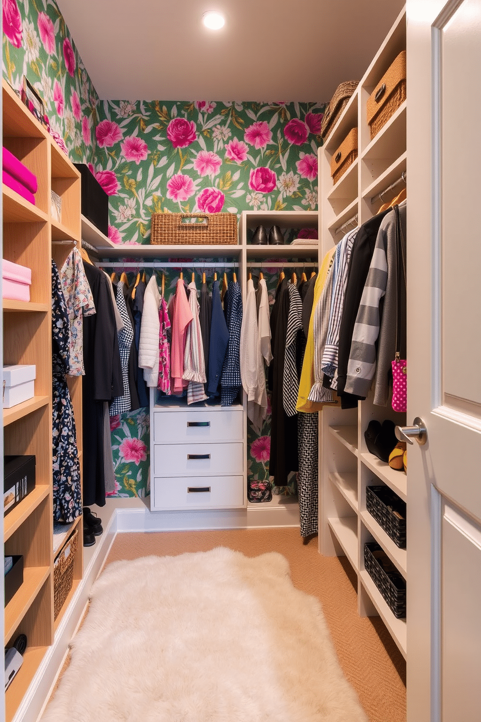 A stylish guest bedroom walk-in closet features vibrant floral wallpaper that adds a touch of color and personality to the space. The closet is organized with custom shelving and hanging rods, allowing for ample storage of clothing and accessories, complemented by a plush area rug underfoot.