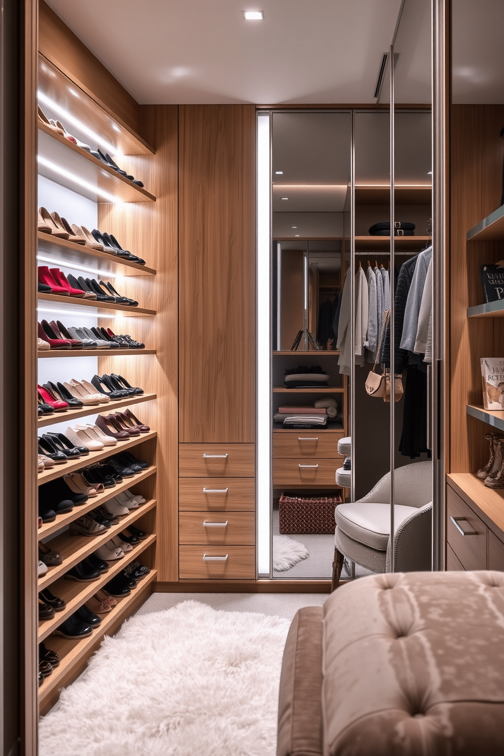 A stylish shoe display features a sleek, open shelving unit made of natural wood, showcasing an array of designer shoes organized by color. Soft LED lighting highlights the collection, while a plush area rug adds warmth to the space. The guest bedroom walk-in closet is designed with a mix of hanging space and drawers, utilizing a neutral color palette for a calming effect. Elegant mirrored doors reflect the light, creating an airy feel, while a cozy reading nook with a small chair and a bookshelf adds a personal touch.