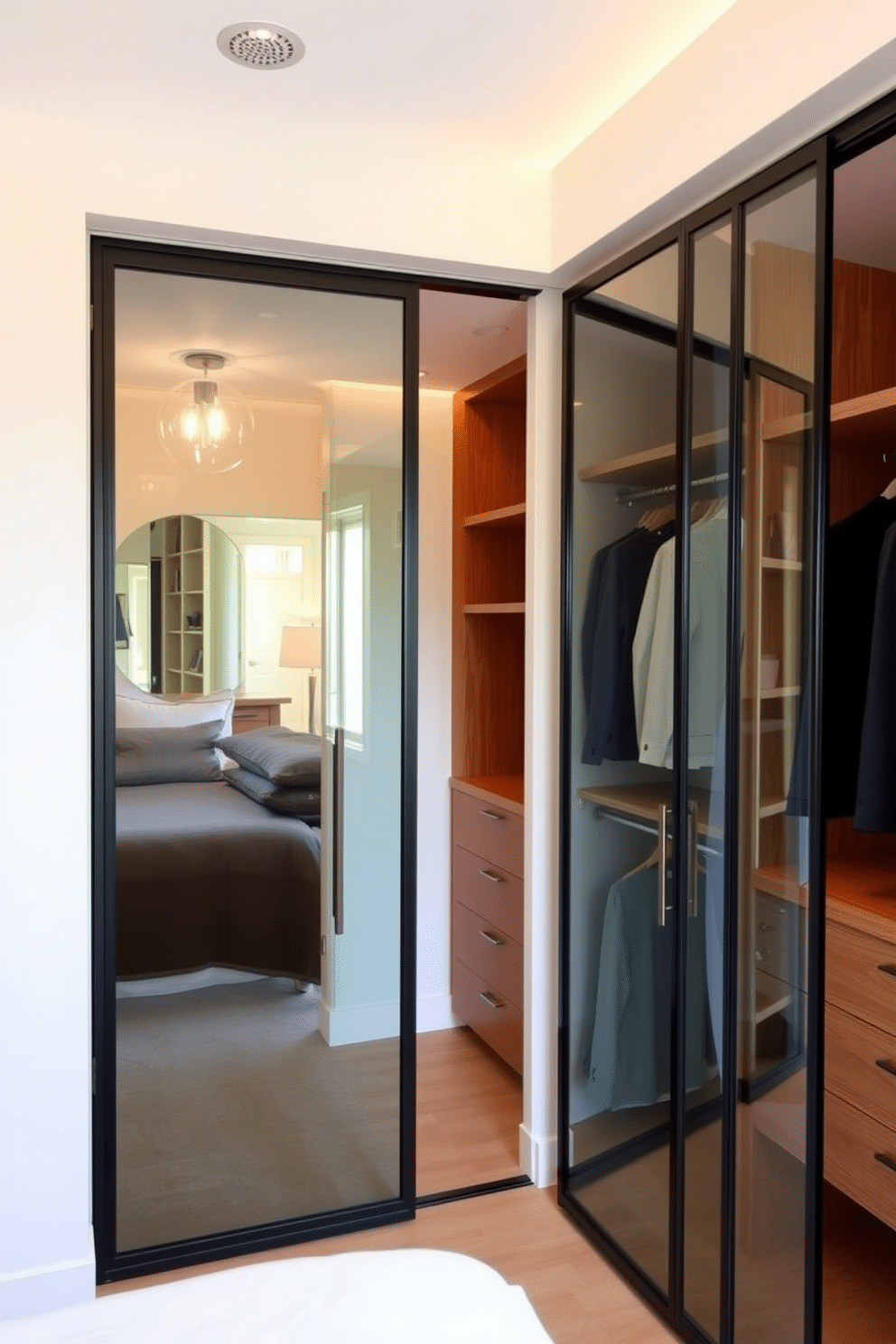 A modern guest bedroom walk-in closet features sleek glass doors that provide a seamless transition between the bedroom and the closet space. Inside, custom shelving and hanging areas are designed to maximize storage while maintaining an airy, open feel. The walls are painted in a soft, neutral tone to enhance the brightness of the space, complemented by warm wooden accents on the shelving and flooring. Elegant lighting fixtures illuminate the area, creating a welcoming atmosphere for guests to enjoy.