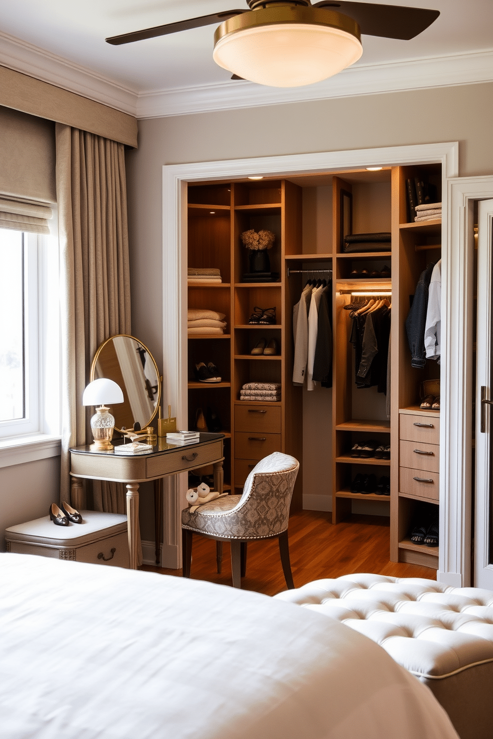 A cozy guest bedroom features a small vanity for makeup, elegantly placed near a window that allows natural light to illuminate the space. The vanity is adorned with a round mirror and stylish accessories, creating a welcoming nook for guests to prepare for their day. Adjacent to the bedroom, the walk-in closet is designed with ample shelving and hanging space, showcasing a blend of open and closed storage solutions. Soft lighting enhances the organized layout, while a plush ottoman provides a comfortable spot for guests to sit while choosing their outfits.