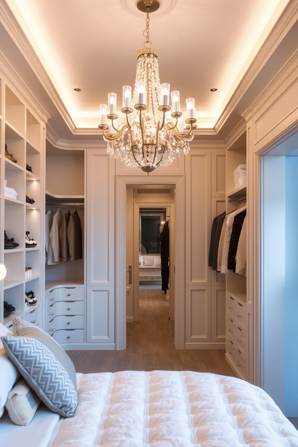 A luxurious guest bedroom features a spacious walk-in closet, designed for both functionality and style. The closet is equipped with custom shelving, hanging space, and elegant lighting to enhance the overall ambiance. In the center of the room, a statement chandelier hangs gracefully, adding a touch of sophistication. Soft, neutral tones adorn the walls and furnishings, creating a serene retreat for guests.