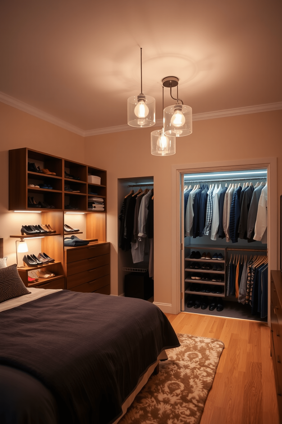 Soft lighting creates a warm and inviting atmosphere, casting a gentle glow across the room. The walls are painted in a soft beige, and a plush area rug adds comfort underfoot. The guest bedroom features a beautifully designed walk-in closet with ample shelving and hanging space. Elegant pendant lights illuminate the space, highlighting the organized rows of shoes and neatly arranged clothing.