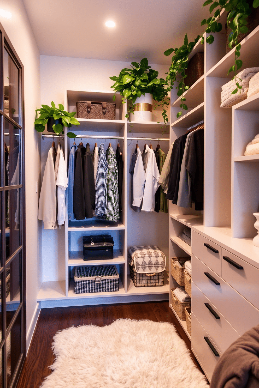 A stylish guest bedroom walk-in closet features custom shelving and hanging space, adorned with lush green plants for a fresh and inviting atmosphere. Soft, ambient lighting highlights the organized layout, while a plush area rug adds warmth underfoot, creating a serene retreat for guests.